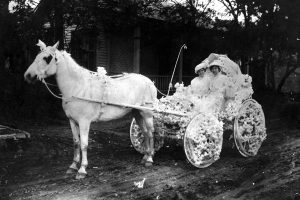 Mary de Zavala and Mattie Smith in their horse drawn carriage