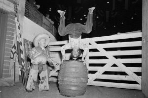 Famous rodeo clowns Jack Kemp (left) and Jimmy Schumacher