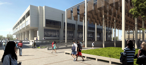 Architect's rendering of the outside of the John Peace Library with new windows on the third floor.